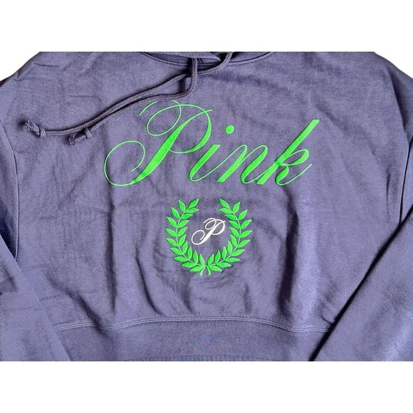 Victoria Secret PINK Crop Hoodie Blue Green Logo Hooded Long Sleeve M/L - Picture 2 of 8